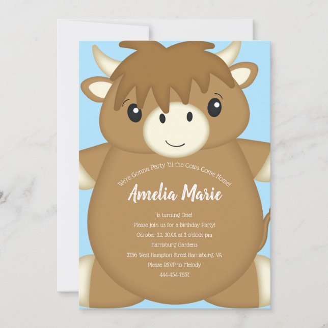 Scottish Highland Cow Birthday Party Blue Invitation (Front)