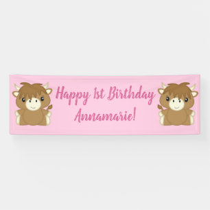 Scottish Highland Cow Birthday Party Pink Banner