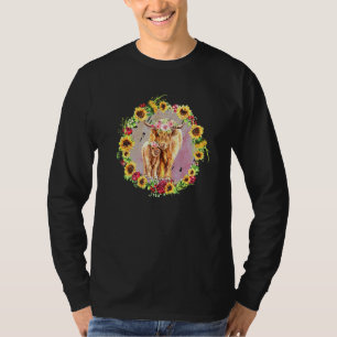 Scottish Highland Cow Calf Cow Print With Sunflowe T-Shirt