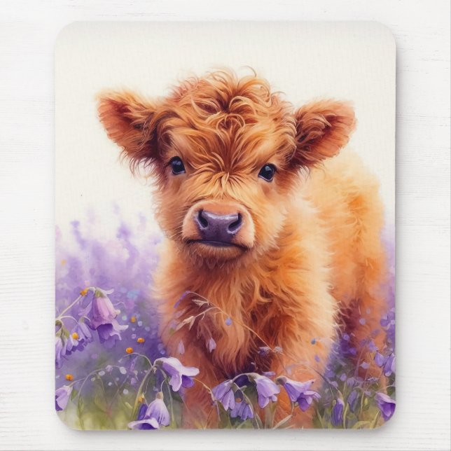 Scottish Highland Cow Calf Purple Wildflowers Mouse Pad (Front)
