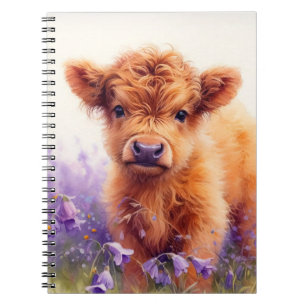 Scottish Highland Cow Calf Purple Wildflowers Notebook