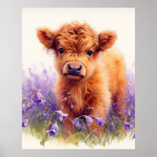Scottish Highland Cow Calf Purple Wildflowers Poster