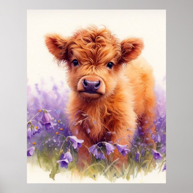 Scottish Highland Cow Calf Purple Wildflowers Poster (Front)