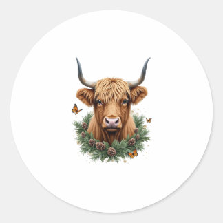 Scottish Highland Cow Cattle Hairy Cow Christmas W Classic Round Sticker