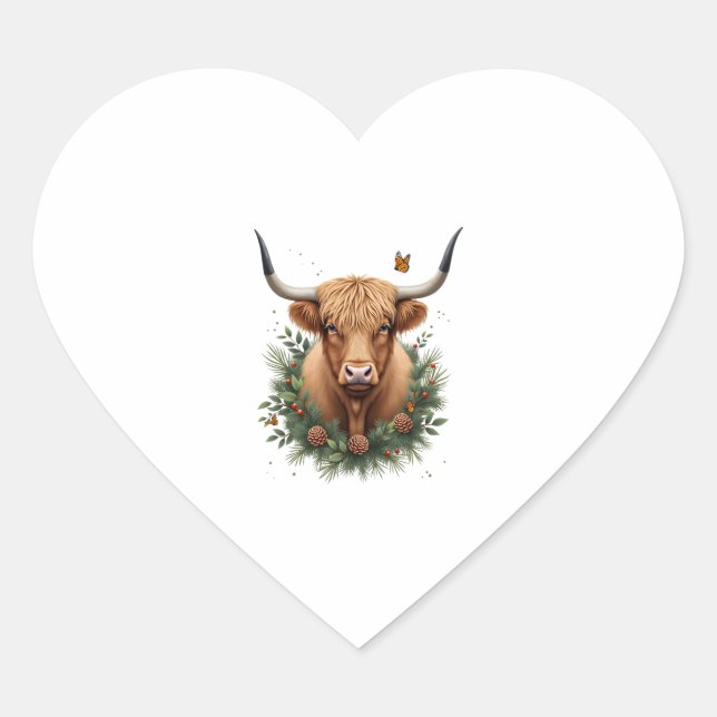Scottish Highland Cow Cattle Hairy Cow Christmas W Heart Sticker (Front)