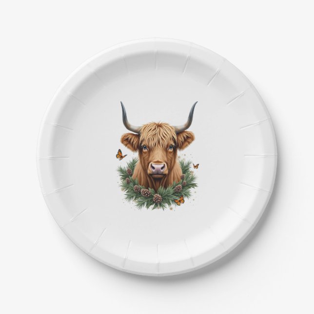 Scottish Highland Cow Cattle Hairy Cow Christmas W Paper Plate (Front)