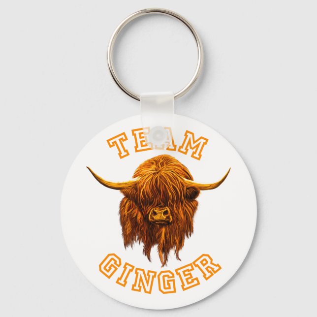 Scottish Highland Cow Celebrates Team Ginger Key Ring (Front)
