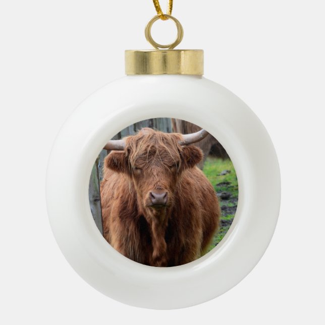 Scottish Highland Cow Ceramic Ball Christmas Ornament (Front)