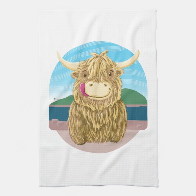 Scottish Highland Cow, Chilling On The Beach Tea Towel (Vertical)