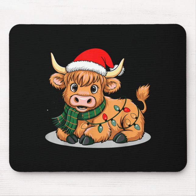 Scottish Highland Cow Christmas Lights Xmas Party  Mouse Pad (Front)
