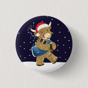 Scottish Highland Cow Christmas Piper 3 Cm Round Badge