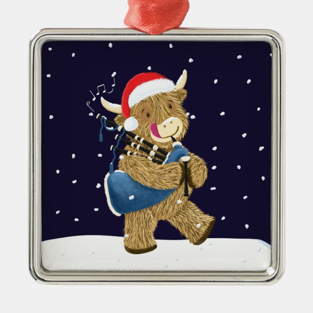 Scottish Highland Cow Christmas Piper Metal Ornament (Front)