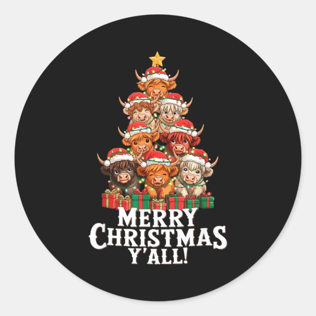 Scottish Highland Cow Christmas Tree Funny Cow Lov Classic Round Sticker (Front)