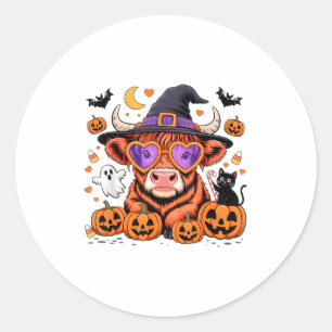 Scottish Highland Cow Ghost Pumpkin Candy Hallowee Classic Round Sticker