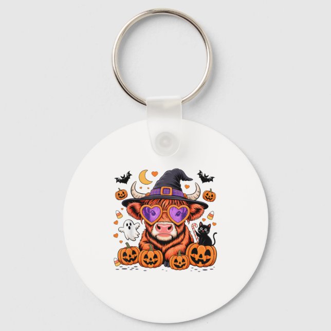 Scottish Highland Cow Ghost Pumpkin Candy Hallowee Key Ring (Front)