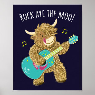 Scottish Highland Cow Guitarist Rock Aye The Moo!  Poster