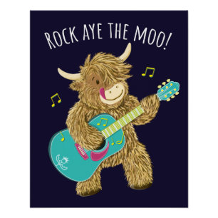 Scottish Highland Cow Guitarist Rock Aye The Moo!  Poster