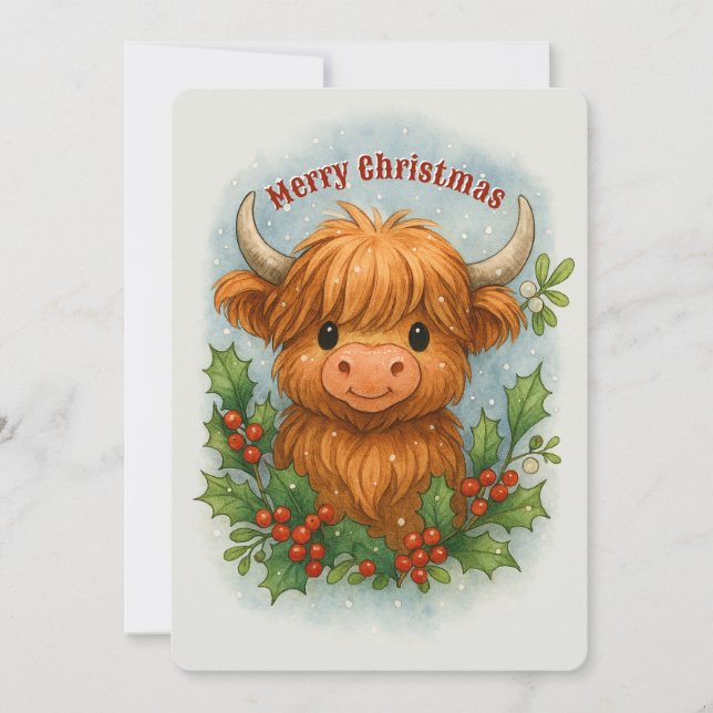Scottish Highland Cow Holly & Mistletoe Christmas Holiday Card (Front)