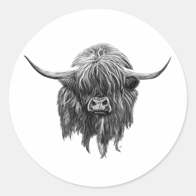 Scottish Highland Cow In Black And White Classic Round Sticker (Front)