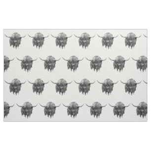 Scottish Highland Cow In Black And White Fabric