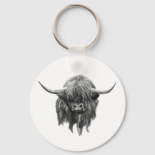 Scottish Highland Cow In Black And White Key Ring