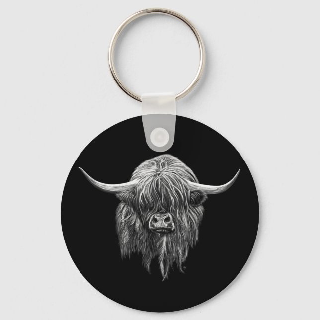 Scottish Highland Cow In Black And White Key Ring (Front)