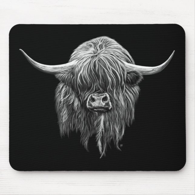 Scottish Highland Cow In Black And White Mouse Pad (Front)
