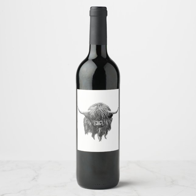 Scottish Highland Cow In Black And White Wine Label (Front)