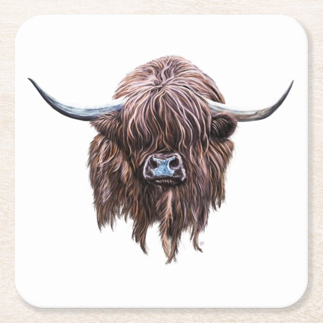 Scottish Highland Cow In Colour Square Paper Coaster (Front)