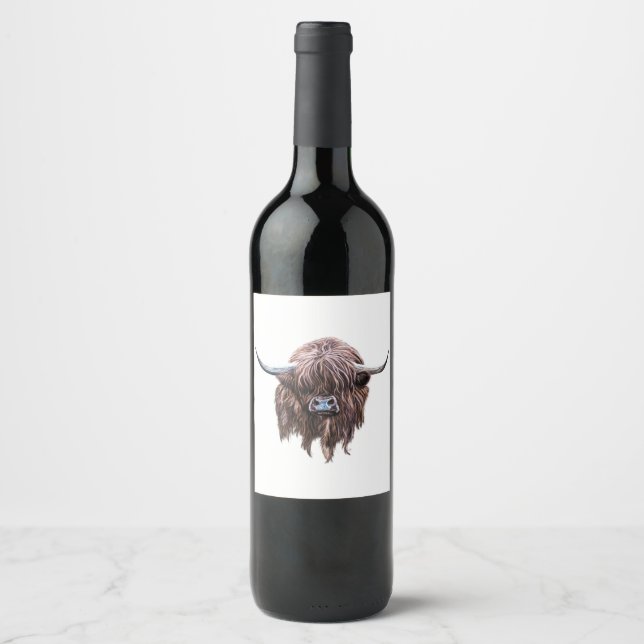 Scottish Highland Cow In Colour Wine Label (Front)