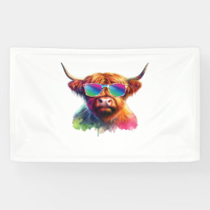 Scottish Highland Cow in Sunglasses Colorful Water Banner