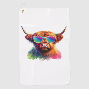 Scottish Highland Cow in Sunglasses Colorful Water Golf Towel