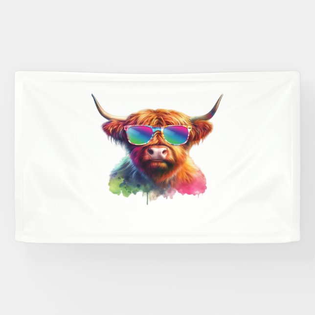 Scottish Highland Cow in Sunglasses Colourful Wate Banner (Horizontal)