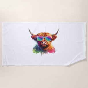 Scottish Highland Cow in Sunglasses Colourful Wate Beach Towel