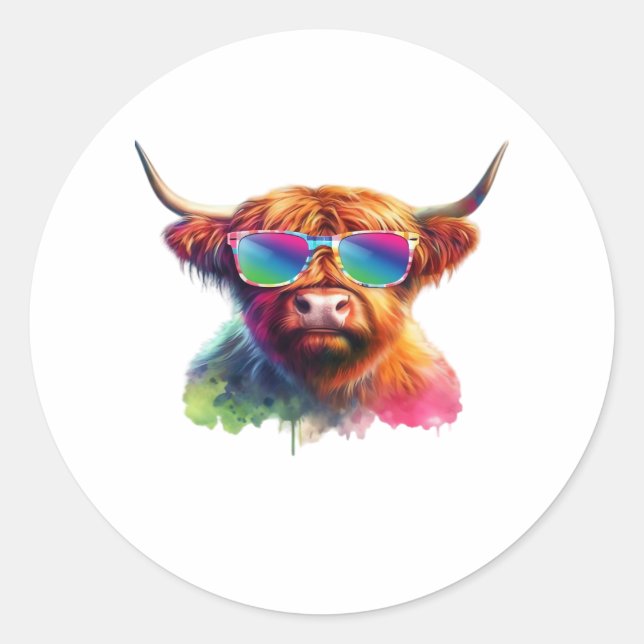 Scottish Highland Cow in Sunglasses Colourful Wate Classic Round Sticker (Front)