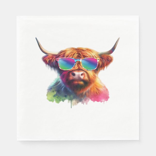 Scottish Highland Cow in Sunglasses Colourful Wate Napkin (Front)