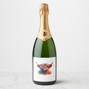 Scottish Highland Cow in Sunglasses Colourful Wate Sparkling Wine Label
