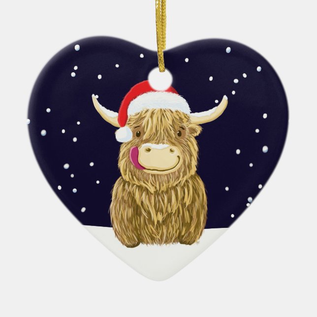 Scottish Highland Cow In The Christmas Snow  Ceramic Ornament (Front)