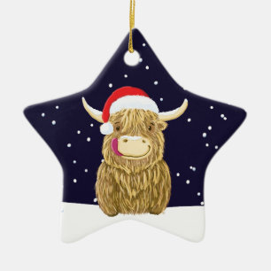 Scottish Highland Cow In The Christmas Snow Ceramic Ornament