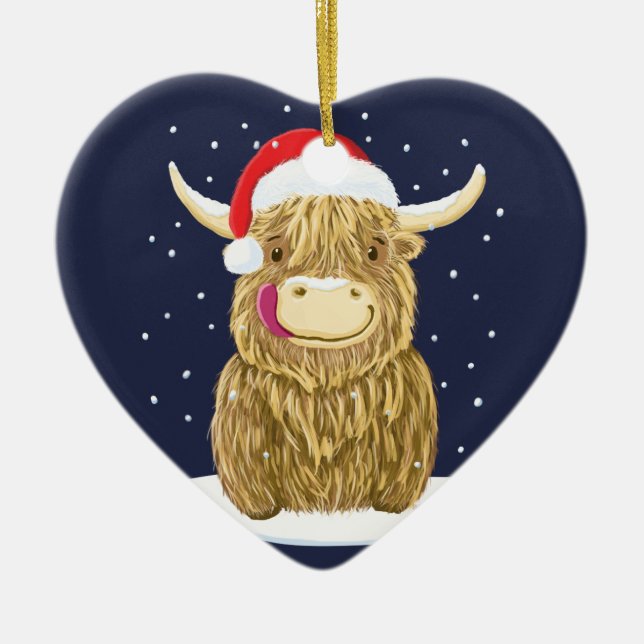 Scottish Highland Cow In The Christmas Snow Ceramic Ornament (Front)