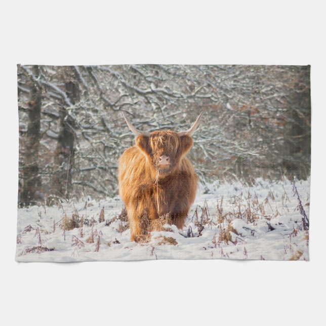 Scottish Highland cow in the snow Tea Towel (Horizontal)