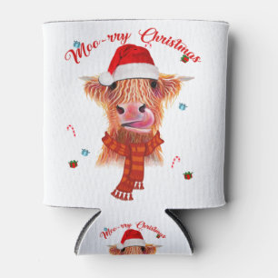 Scottish highland cow merry christmas snow can cooler