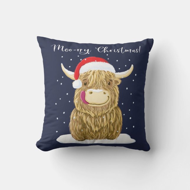 Scottish Highland Cow Merry Christmas Snow Cushion (Front)