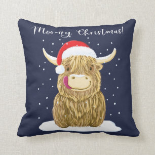Scottish Highland Cow Merry Christmas Snow Cushion
