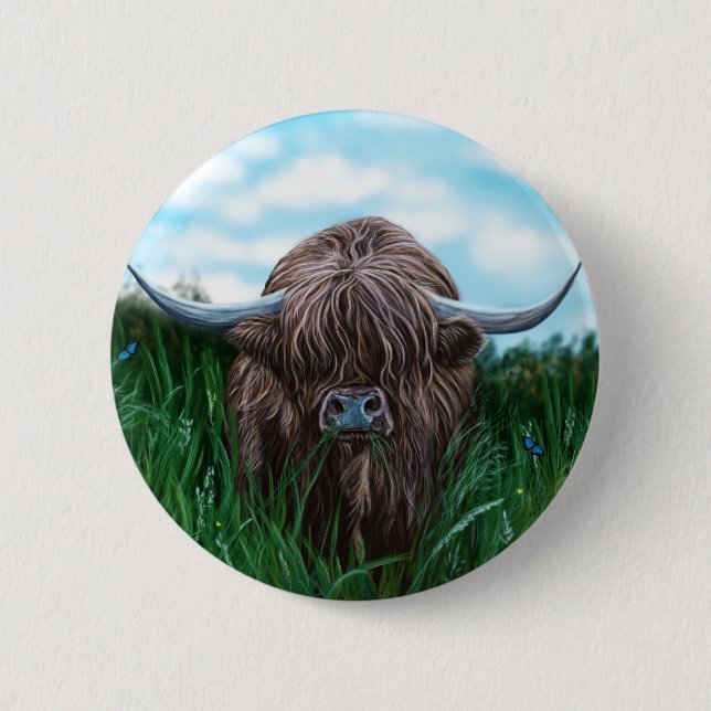 Scottish Highland Cow Painting 6 Cm Round Badge (Front)