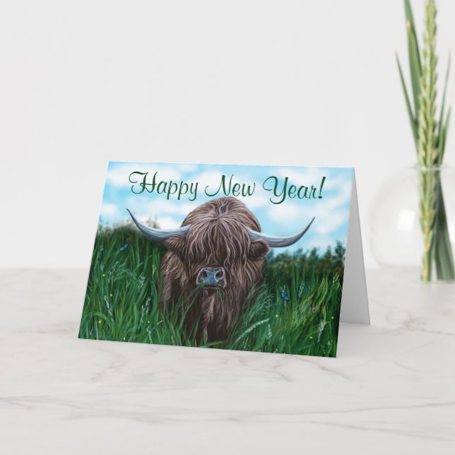 Scottish Highland Cow Painting Holiday Card (Front)