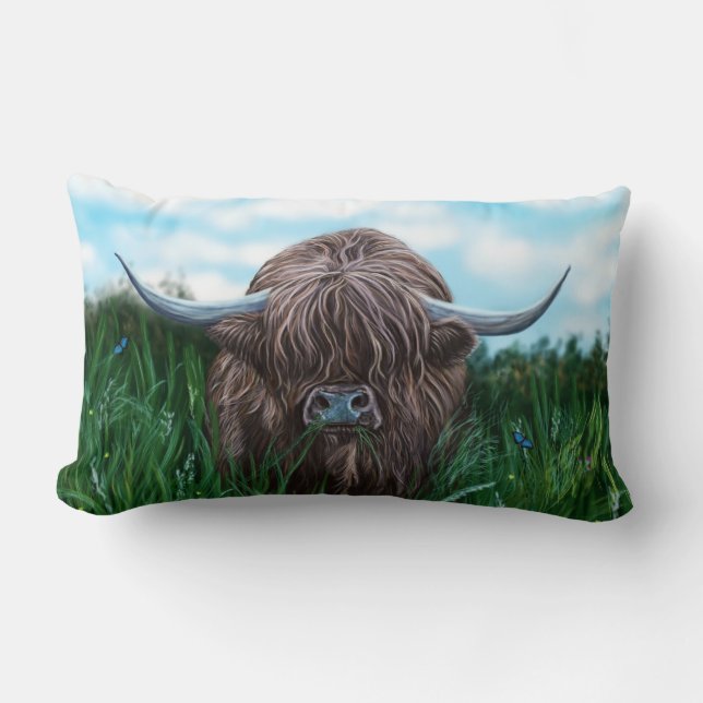 Scottish Highland Cow Painting Lumbar Cushion (Front)