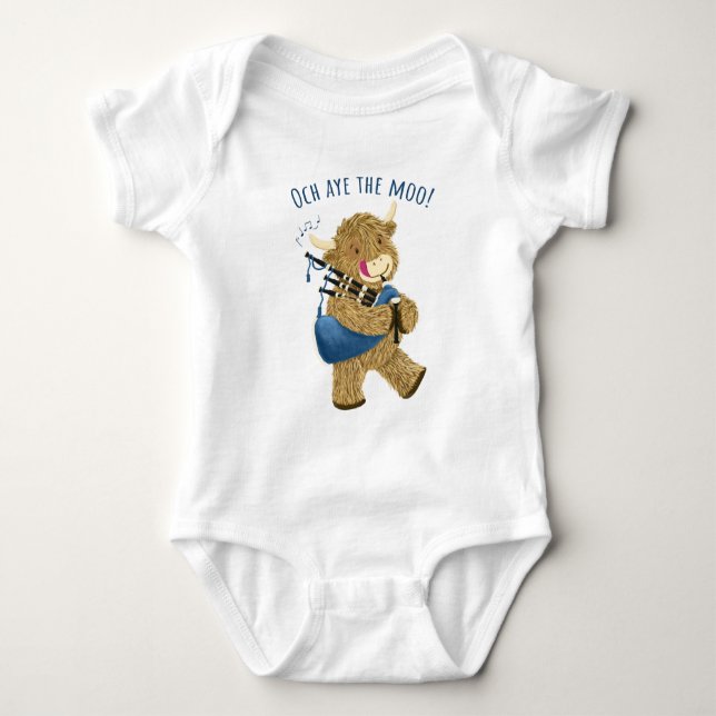 Scottish Highland Cow Piper Says Och Aye The Moo! Baby Bodysuit (Front)