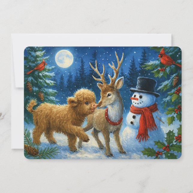 Scottish Highland Cow Reindeer & Snowman Christmas Holiday Card (Front)