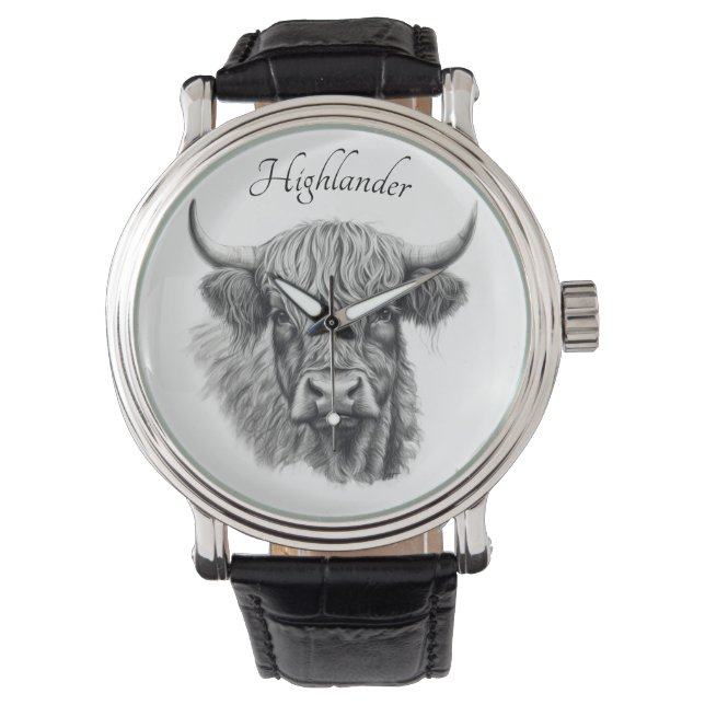 Scottish Highland Cow Sketch customisable Watch (Front)